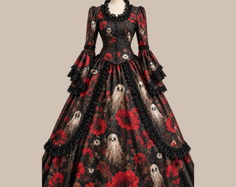 Spook Halloweenjurk | Victoriaanse baljurk | Katoenen korsetjurk met bloemenprint | Maatwerk