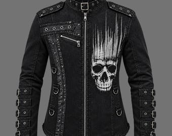 Gotische spijkerjas met doodskopprint, unisex katoenen twill motorjas, punk bikerstijl