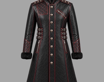 Lange vampierenjas | Gotisch rundleer | Kraag van imitatiebont | Steampunk winterjas