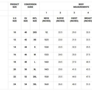 Body measurement chart with neck, sleeve, chest, bust, waist and height sizes
