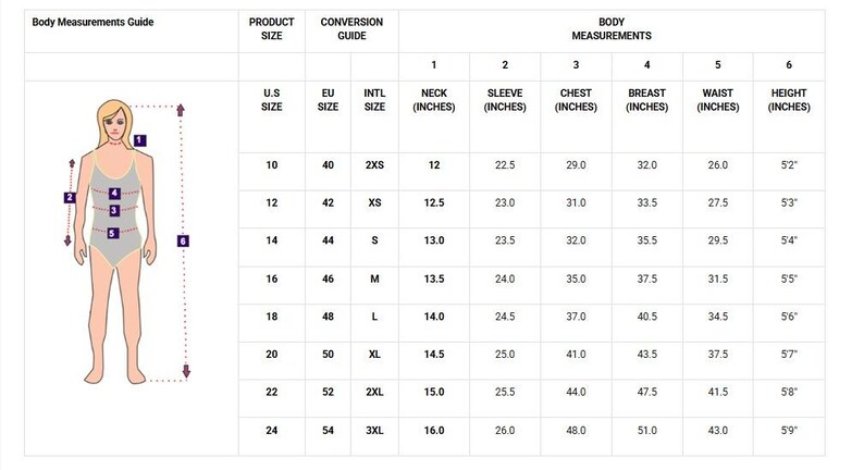 Body measurement chart with neck, sleeve, chest, bust, waist and height sizes