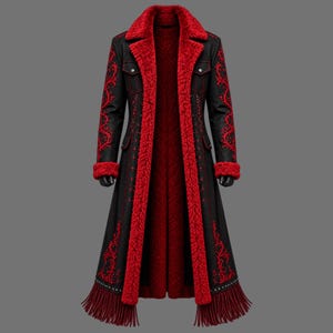 May include: A long black coat featuring a vibrant red faux fur lining and collar. The sleeves and front panels are decorated with intricate red embroidery. The garment includes two chest pockets with silver buttons and a long red fringe hemline.