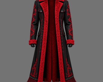 Vampiergotische jas met rode bontkraag | Dramatische geborduurde trenchcoat | Unisex statementjas voor Halloween