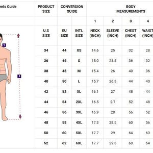Second body measurement chart with US, EU and international sizing references