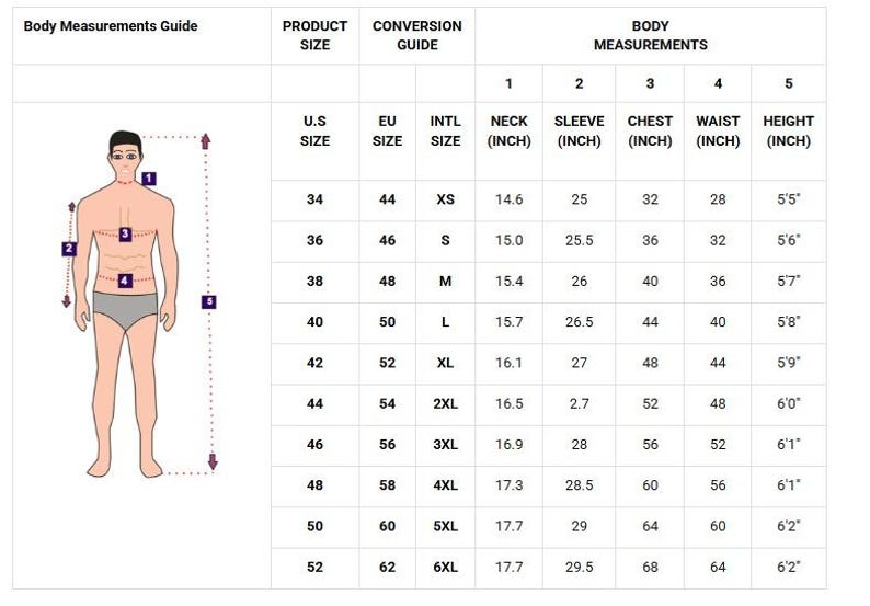 Second body measurement chart with US, EU and international sizing references
