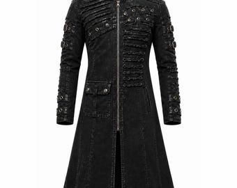Distressed Gothic Trench Coat | Studded Sleeves | Black Waxed Denim | Unisex Alternative Fashion