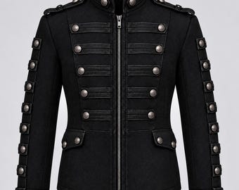Gotische militaire wollen jas | Unisex steampunk bandjas | Zwarte alternatieve mode