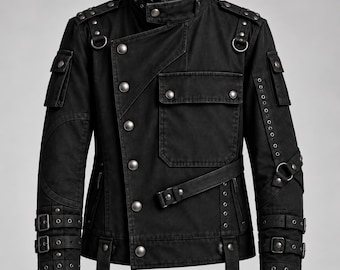 Zwarte katoenen gothic jas met gespen en D-ringen | Unisex industriële punkjas
