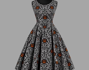 Vintage Halloweenjurk met pompoen-damastprint, katoenen model met uitlopende rok.