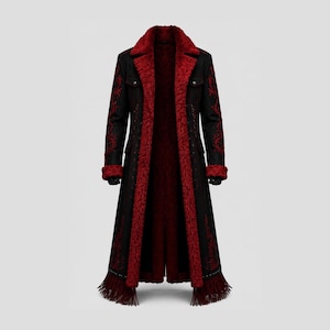 Abrigo gótico de vampiro con cuello de piel roja / Gabardina dramática bordada / Abrigo unisex para Halloween