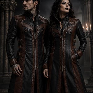 Front view of black and brown gothic coat with high collar and adjustable waist straps