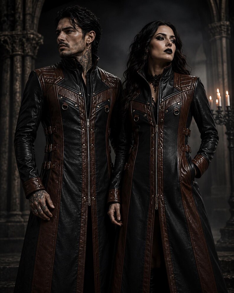 Front view of black and brown gothic coat with high collar and adjustable waist straps