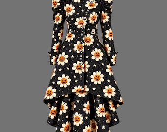 Halloweenjurk met pompoenprint, gotische katoenen jurk met asymmetrische zoom voor dames, alternatief modekostuum