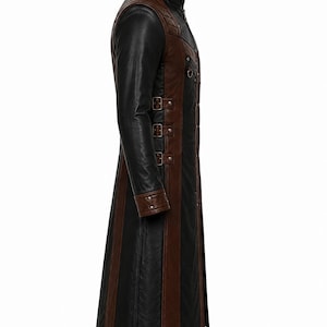Side view showing alternating leather panels, three torso buckles and brown cuffs