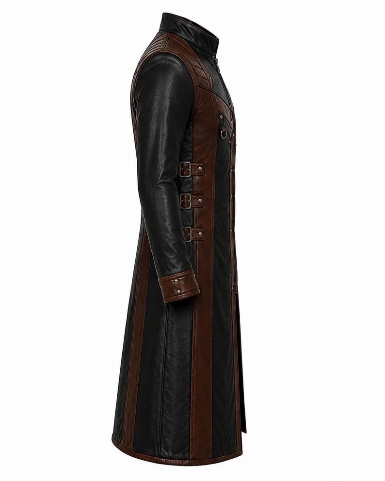 Side view showing alternating leather panels, three torso buckles and brown cuffs