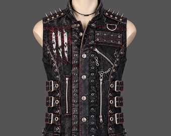 Denim vest met doodskopprint | Gotisch punkvest met studs | Unisex alternatieve streetwear