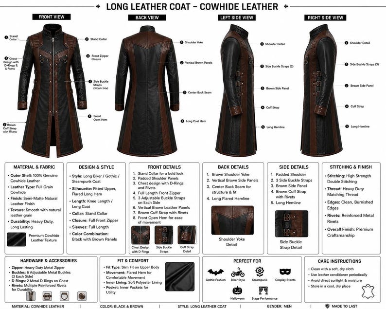 Long cowhide coat with padded shoulders, chest D-rings and three adjustable side straps