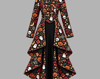 Halloween-printjas | Gotische katoenen jurk in militaire stijl | Schedels, pompoenen en spoken | Heksenkostuum