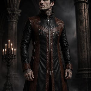 Three-quarter view of knee-length black and brown coat with full silver-tone zipper