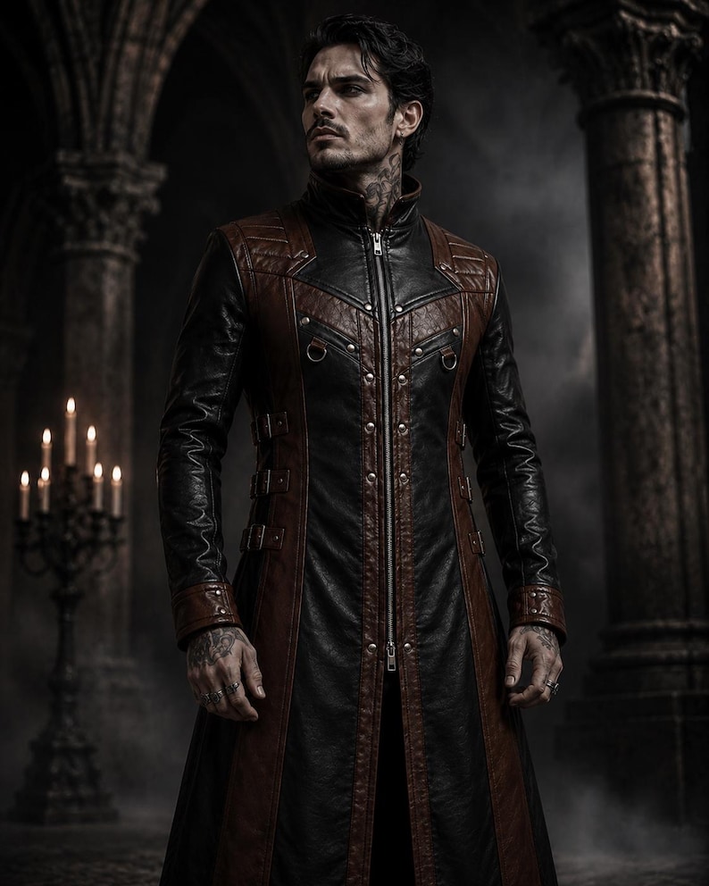 Three-quarter view of knee-length black and brown coat with full silver-tone zipper