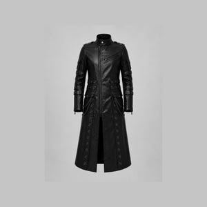 Unisex gotische dusterjas | Lange jas van echt rundleer met doodskopknop
