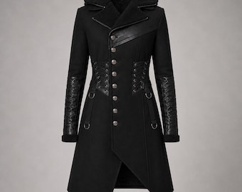Gotische wollen jas met capuchon | Korsettaille, leren afwerking, vampierstijl