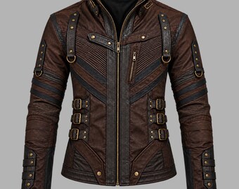 Steampunk gotische leren jas van rundleer, bruin leer, bikerstijl met gespdetails, voor dames en heren.