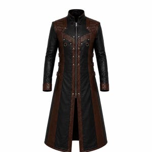 Front view of long black and brown leather coat with high collar, D-rings and side buckles