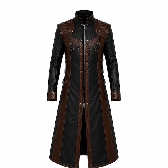 Black Brown Gothic Leather Coat, Long Cowhide Vampire Trench with D Rings