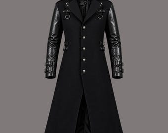 Lange gotische jas met leren mouwen | Steampunk trenchcoat op maat