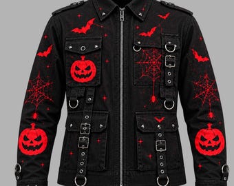 Gotische Halloweenjas, unisex zwarte katoenen utilityjas, spinnenweb punk alternatieve kleding
