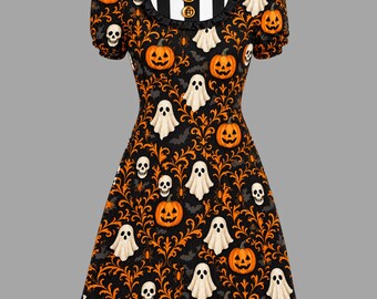 Halloween A-lijn jurk | Katoenen jurk met doodskop- en spookprint, zakken en op maat gemaakt