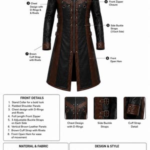 Front detail of two-tone leather coat with quilted shoulders, rivets and brown cuff straps