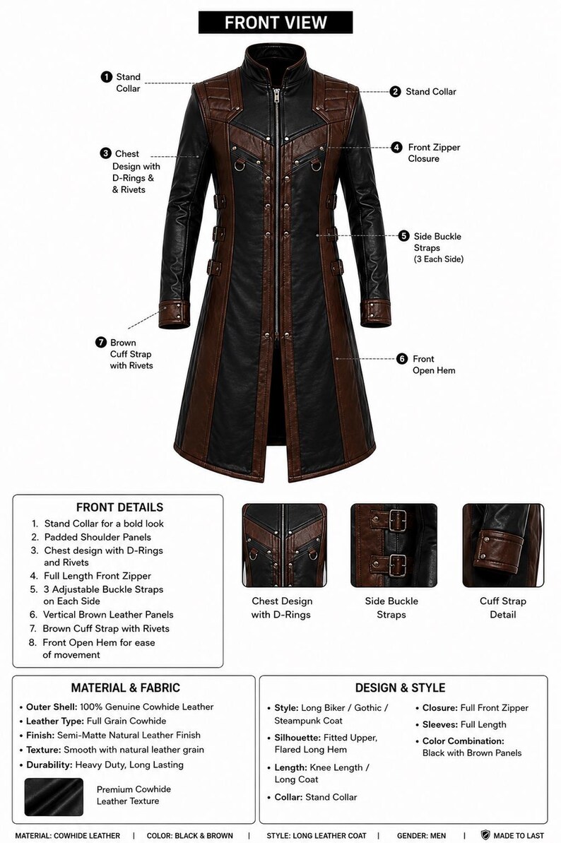 Front detail of two-tone leather coat with quilted shoulders, rivets and brown cuff straps