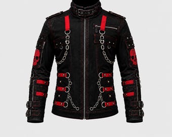 Zwart-rode gotische kettingjas | Punk doodskop denimjas | Handgemaakte unisex streetwear