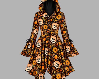 Halloweenjurk met pompoen- en doodskopkap | Gotische katoenen jasjurk met aangepaste maatvoering