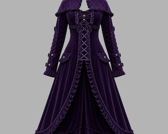 Purple Velvet Gothic Coat Dress with Corset Back and Capelet Collar