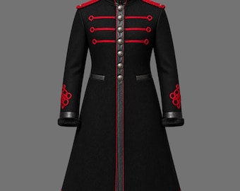 Lange vampierjas | Gotische winterjas met kraag van imitatiebont en leren afwerking | Unisex