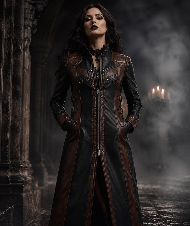 Long structured leather coat with contrasting panels, metal studs and side buckles