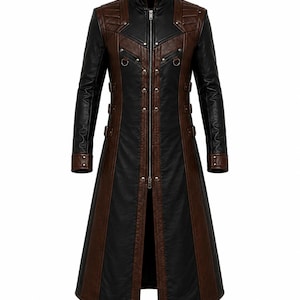 Black and brown gothic trench coat with full front zip, metal studs and buckle straps
