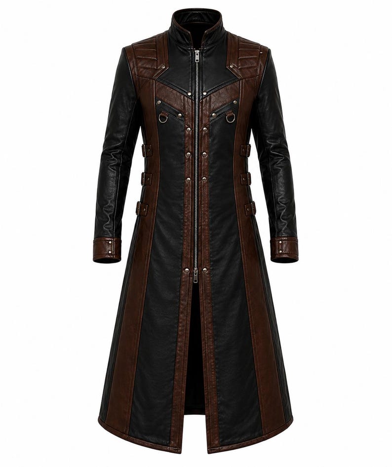 Black and brown gothic trench coat with full front zip, metal studs and buckle straps