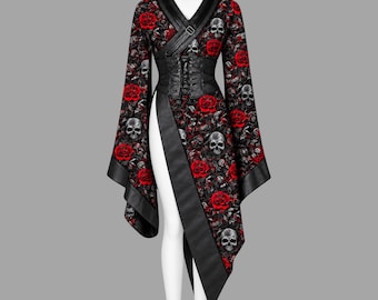 Wikkeljurk | Print met doodskop en roos | Afwerking van rundleer | Asymmetrische korsetjurk | Handgemaakt op maat