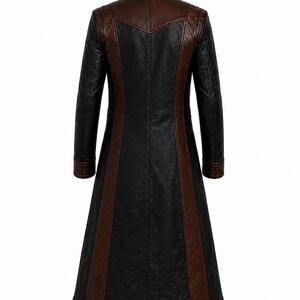Rear view of black and brown leather coat with high collar and vertical fitted seams