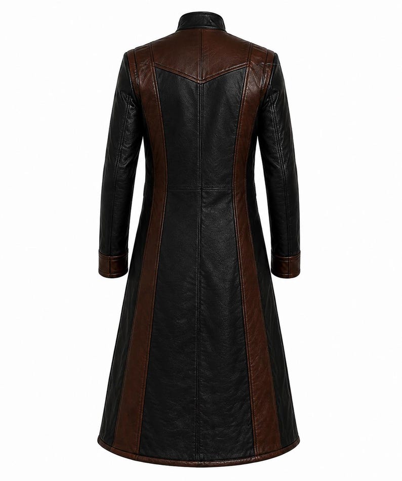 Rear view of black and brown leather coat with high collar and vertical fitted seams