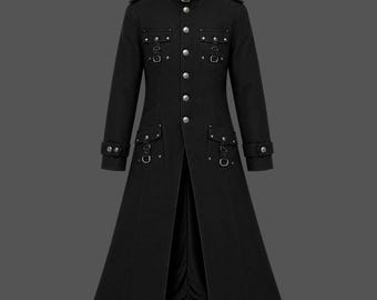 Unisex gotische lange jas met geprint kruis op de rug, zwarte katoenen trenchcoat