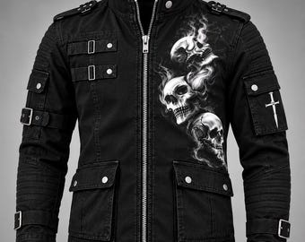 Katoenen jas met doodskop- en rookprint | Gothic punk bikerstijl unisex