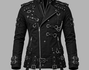 Zwarte gotische jas, katoenen twill motorjas met gesp en kruisborduurwerk.