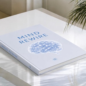 May include: A hardcover book titled Mind Rewire with a light blue cover. The front features the text Mind Rewire in blue letters above a graphic illustration of a human brain with glowing nodes. The book spine also displays the title Mind Rewire.