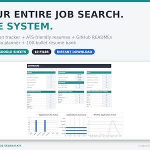 Op de afbeelding: Een digitaal systeem voor het zoeken naar werk met een sollicitatietracker, cv-bank en portfolio-planner. Het dashboard toont gegevenstabellen en grafieken voor sollicitatiestatus, conversiepercentages en trends in Excel en Google Sheets.