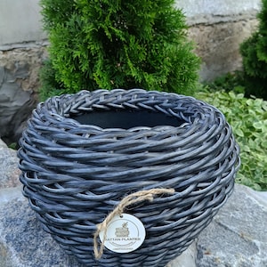 Dark Gray Wicker Plant Pot, Handmade Round Rattan Planter Bowl